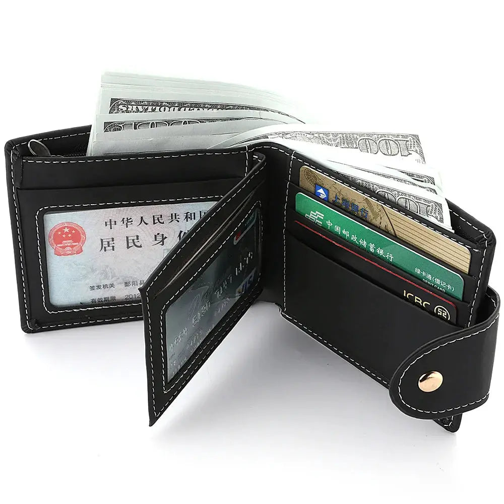 Simples Market men's PU leather short wallet with strap, black with white stitching, cash and cards shown