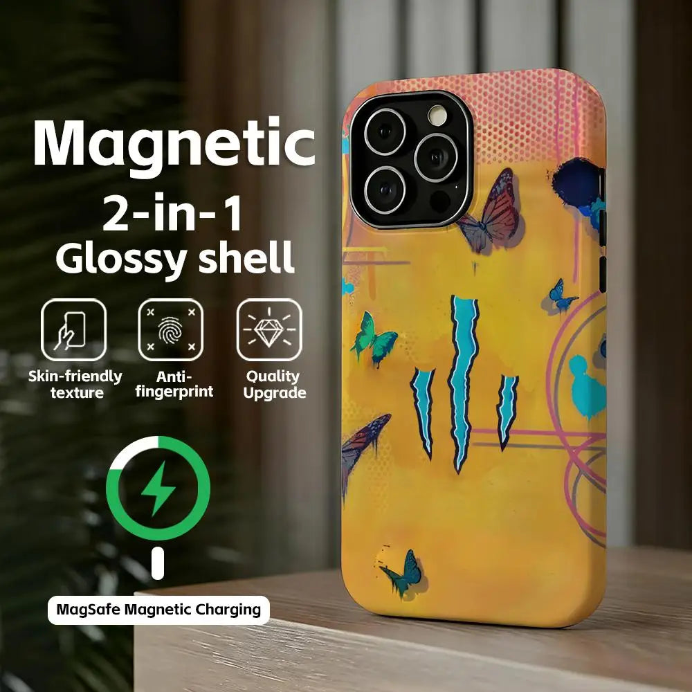 M-MonsterES magnetic 2-in-1 glossy shell phone case by Simples Market, yellow energy-drink butterfly design