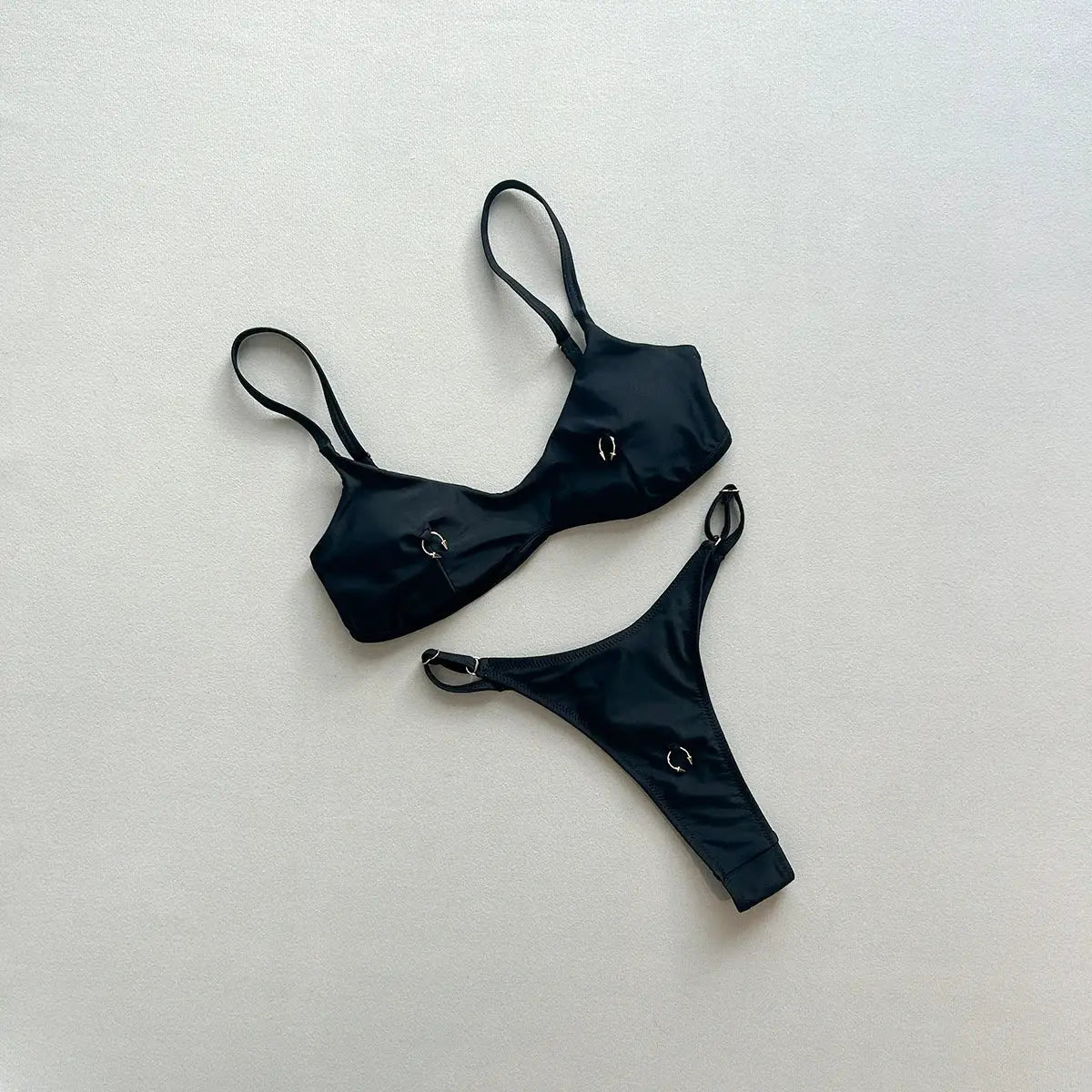Push Up bikini set, black two-piece swimsuit with gold ring hardware