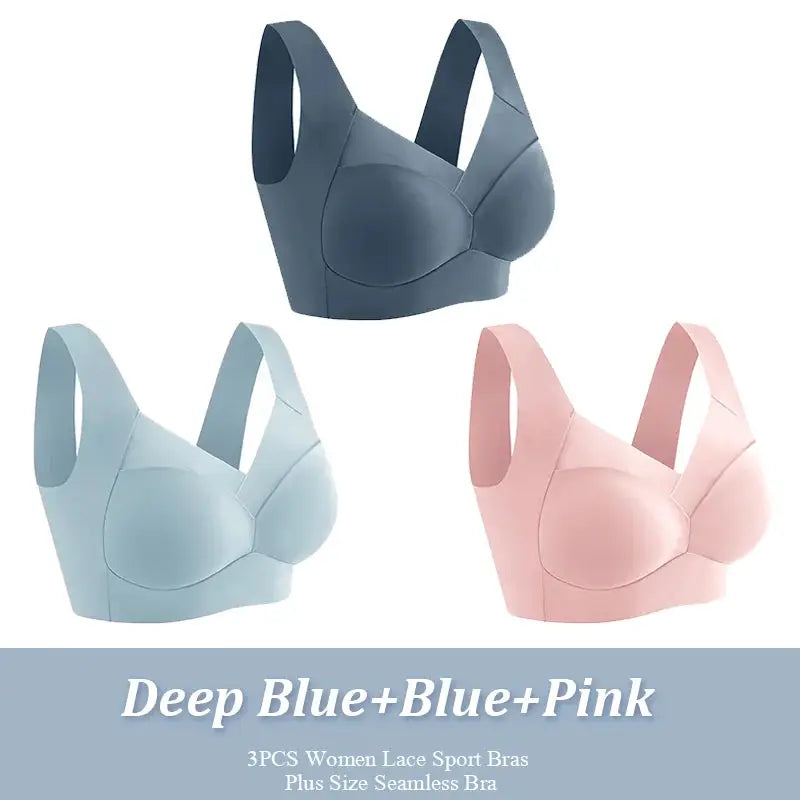3-piece plus-size women's sport bras in deep blue, blue, and pink; seamless wireless bralette set