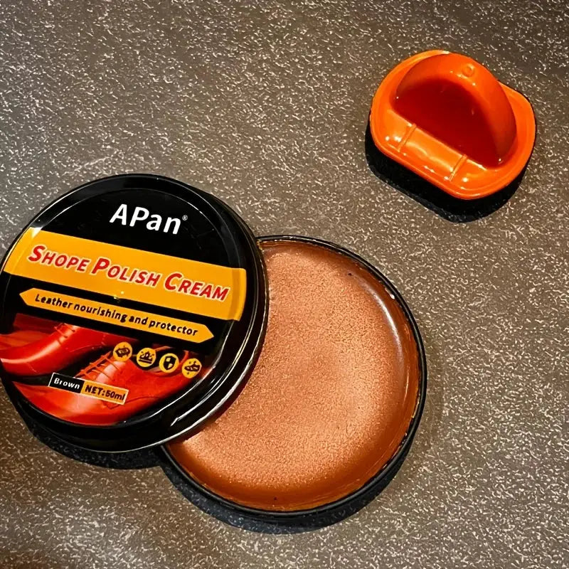 Shoe polish cream APan brown for faux leather, 50ml in round black tin