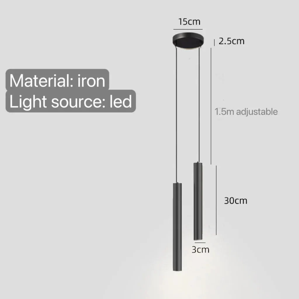 Minimalist iron pendant lights, LED, black finish, two hanging cylinders with 1.5m adjustable height.