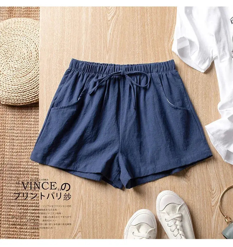 Womens navy linen shorts with drawstring, high-waisted casual gym shorts