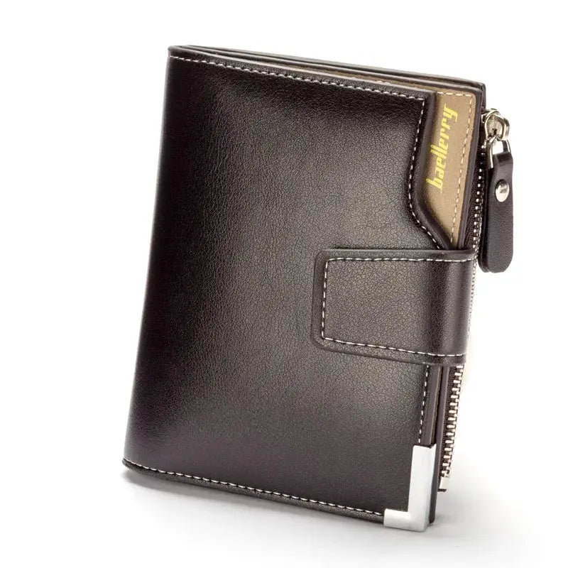 Baellerry men’s wallet with zipper coin pocket, dark brown leather with white stitching.