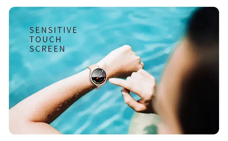 Smartwatch on forearm with beige band, turquoise water background, user touching the screen; Sensitive Touch Screen text visible