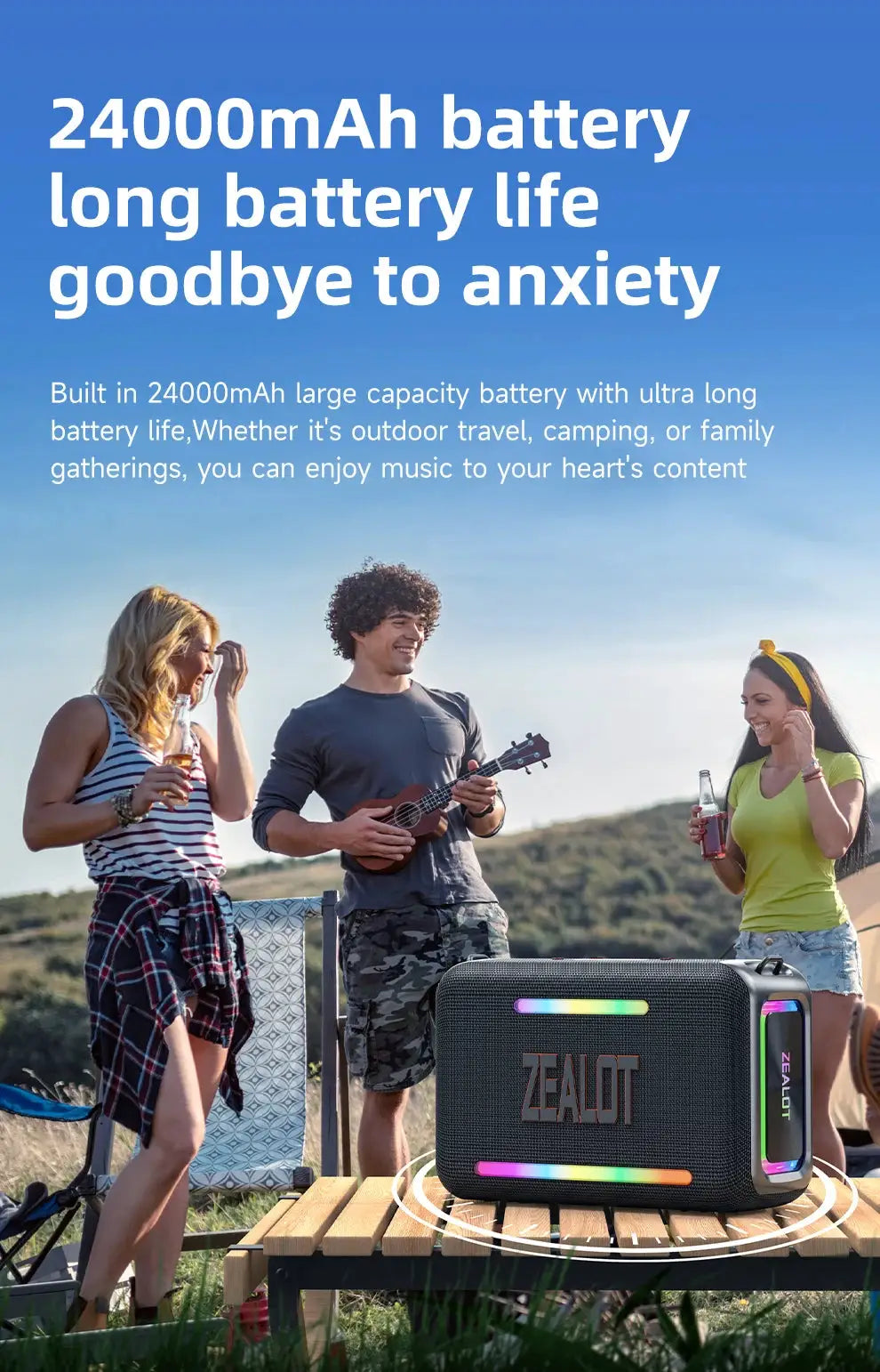 ZEALOT S95 waterproof portable Bluetooth speaker with RGB LED lighting on a picnic table outdoors