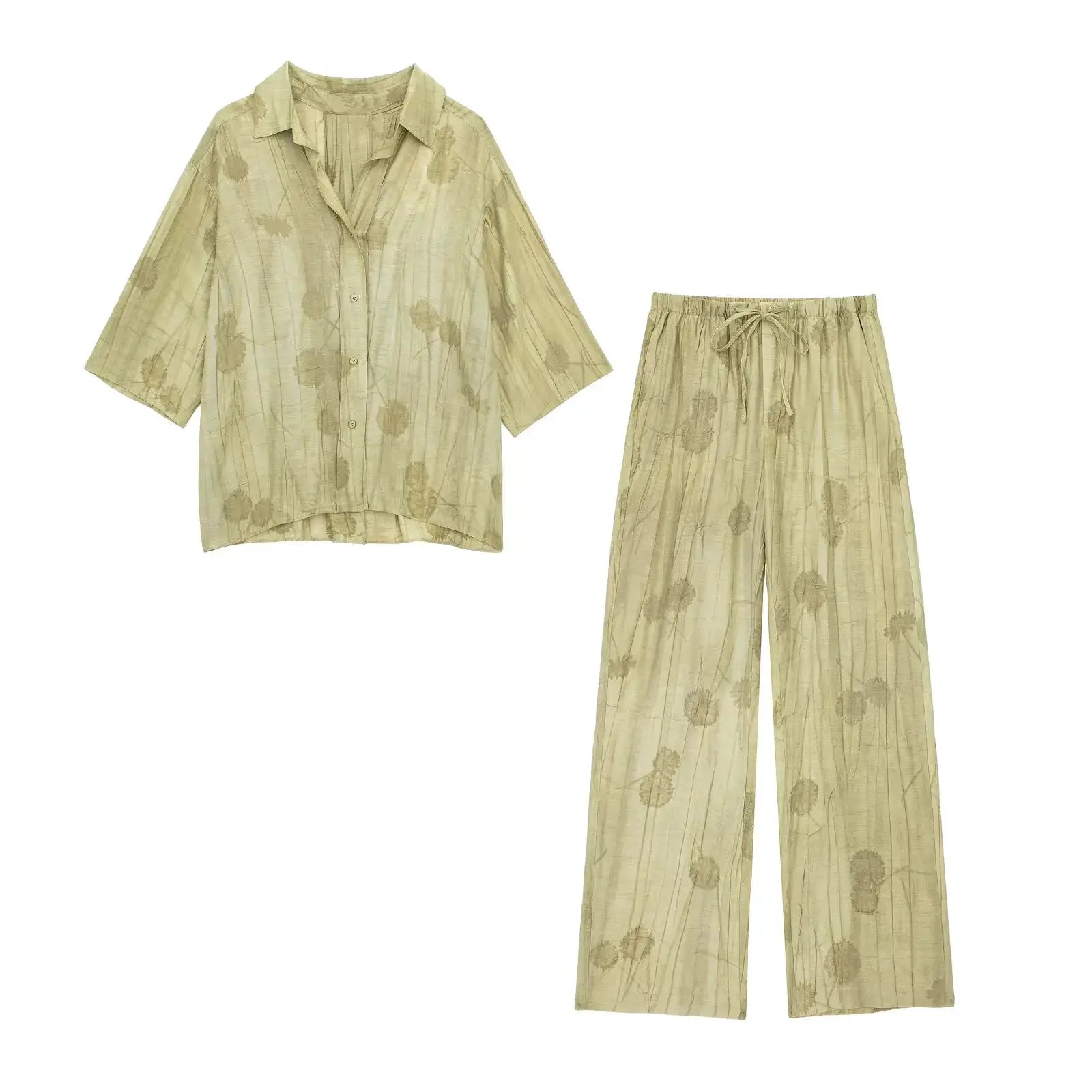 TFMLN Womens Two Piece Jacquard Shirt High Waist Trousers Wide Leg Set
