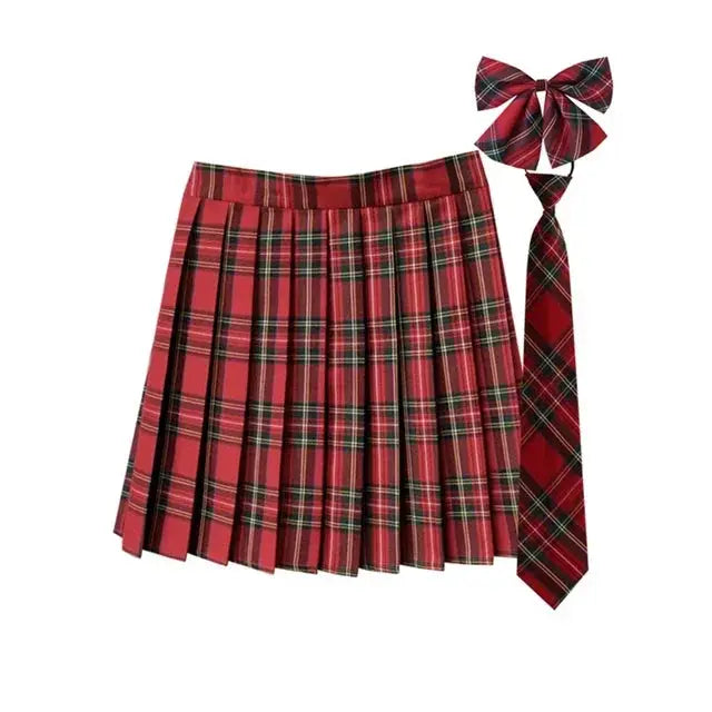 Women red plaid pleated A-line JK uniform skirt with necktie bow