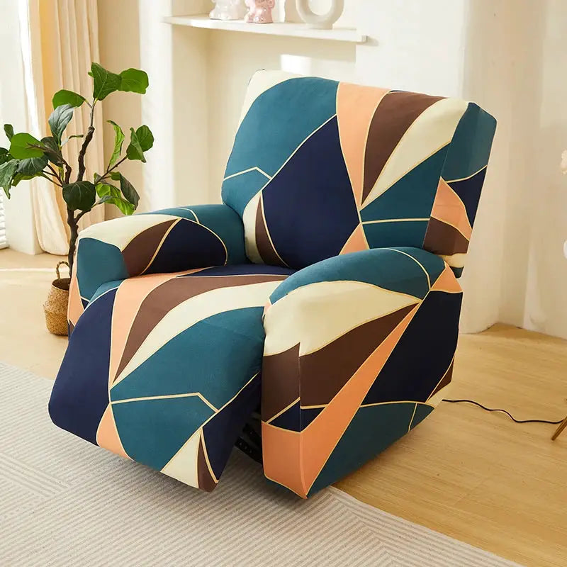 Recliner chair cover by Simples Market in teal, navy, peach geometric print with stretch fabric.