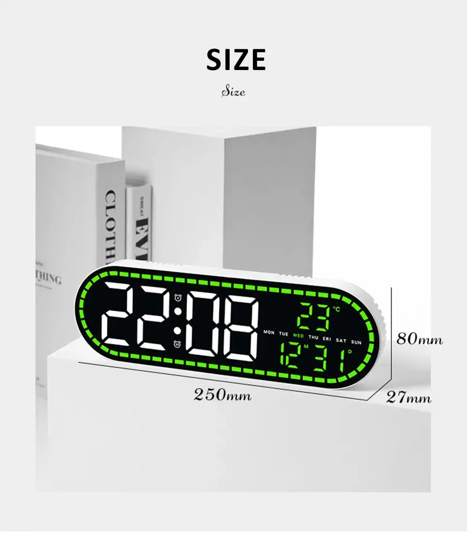 Simples Market digital LED wall clock with two alarms, black display, green border, white case, shows time, date and temp