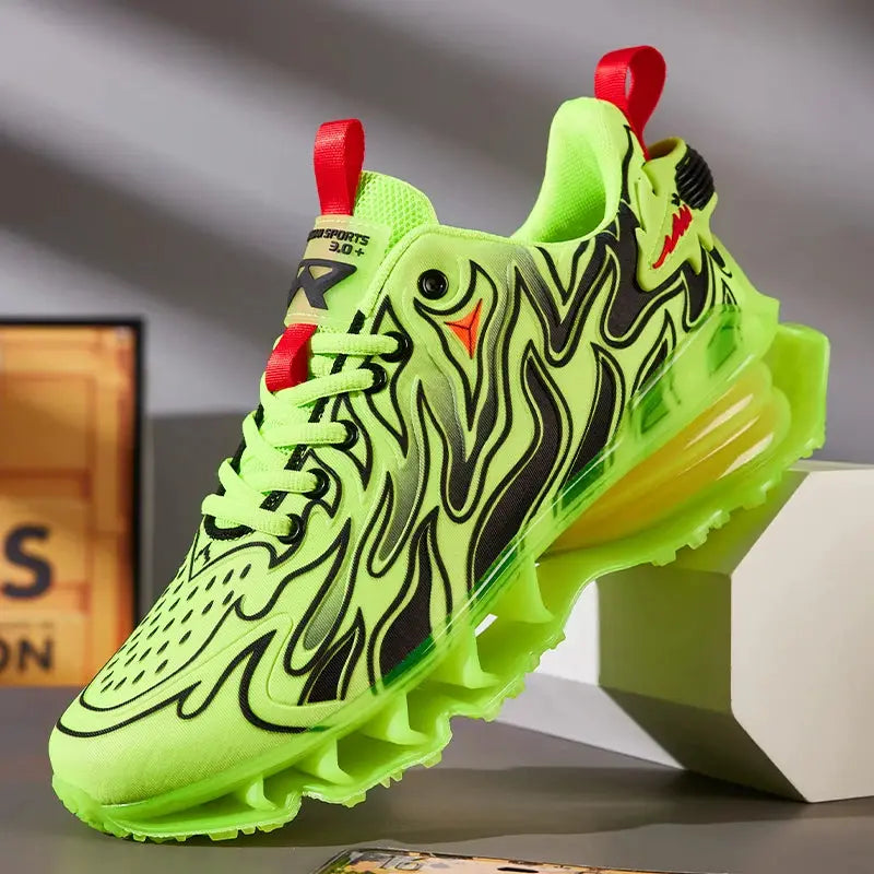 Sneakers neon green with black flame pattern, breathable mesh upper and chunky translucent sole