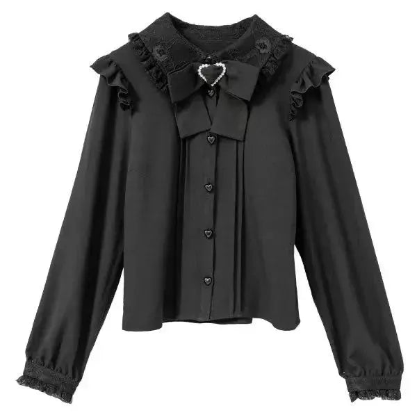 Gothic Lolita blouse in black with lace collar, ruffled shoulders, bow and heart-shaped buttons.