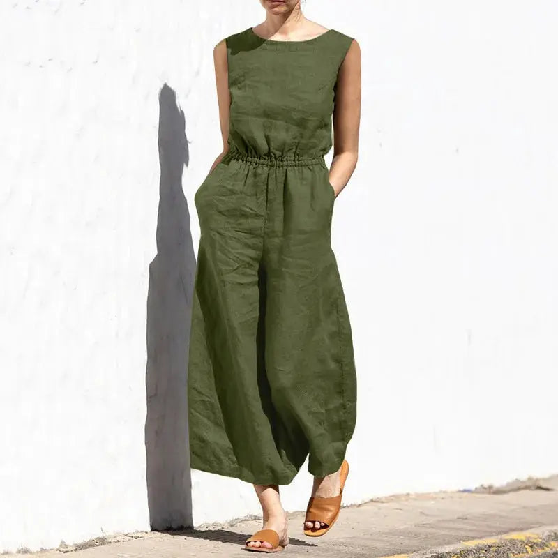 Cotton and linen jumpsuit for women, olive green with pockets.