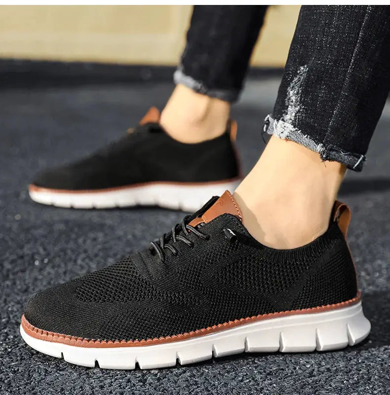 Simples Market mesh sneakers, pair, black knit upper with brown accents and white sole