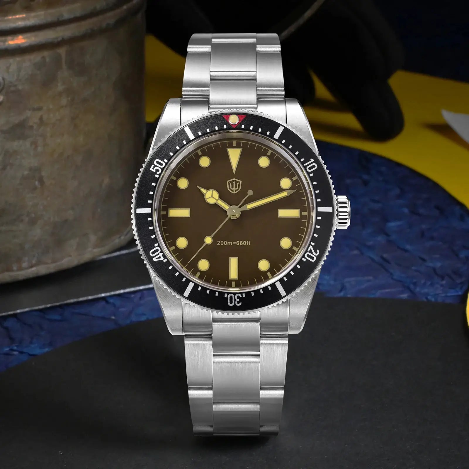 Watchdives WD7922 BB54 diver watch with stainless steel bracelet, brown dial, luminous markers and black bezel