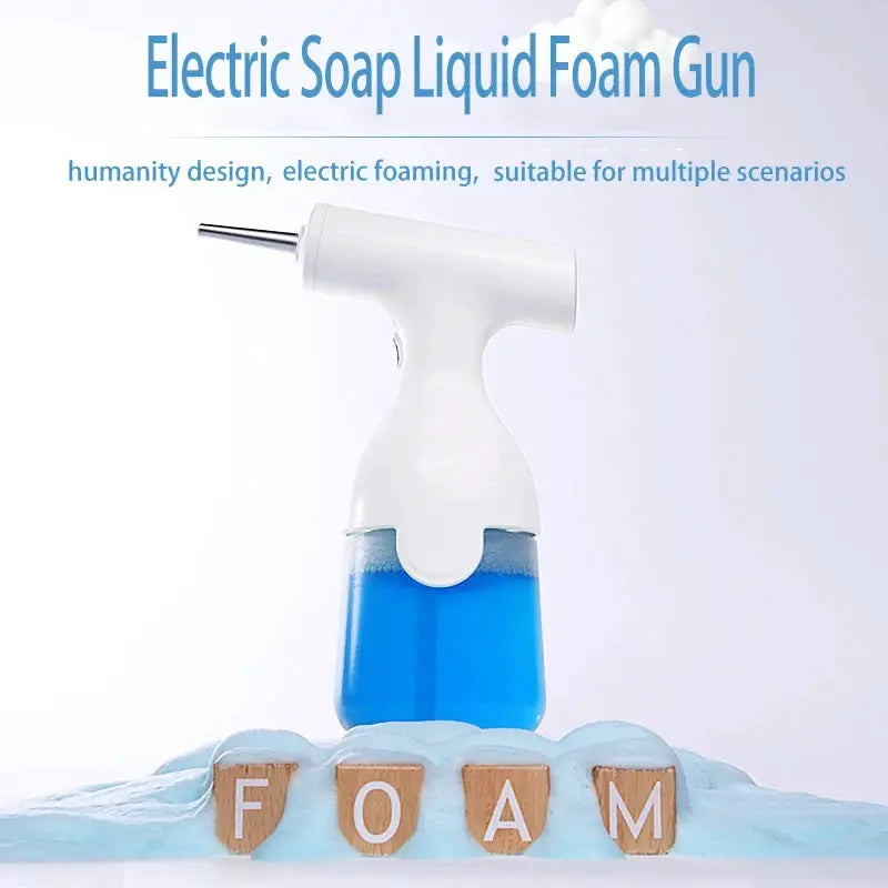 Electric foam soap gun by Simples Market; white handheld dispenser with blue liquid for automatic foaming