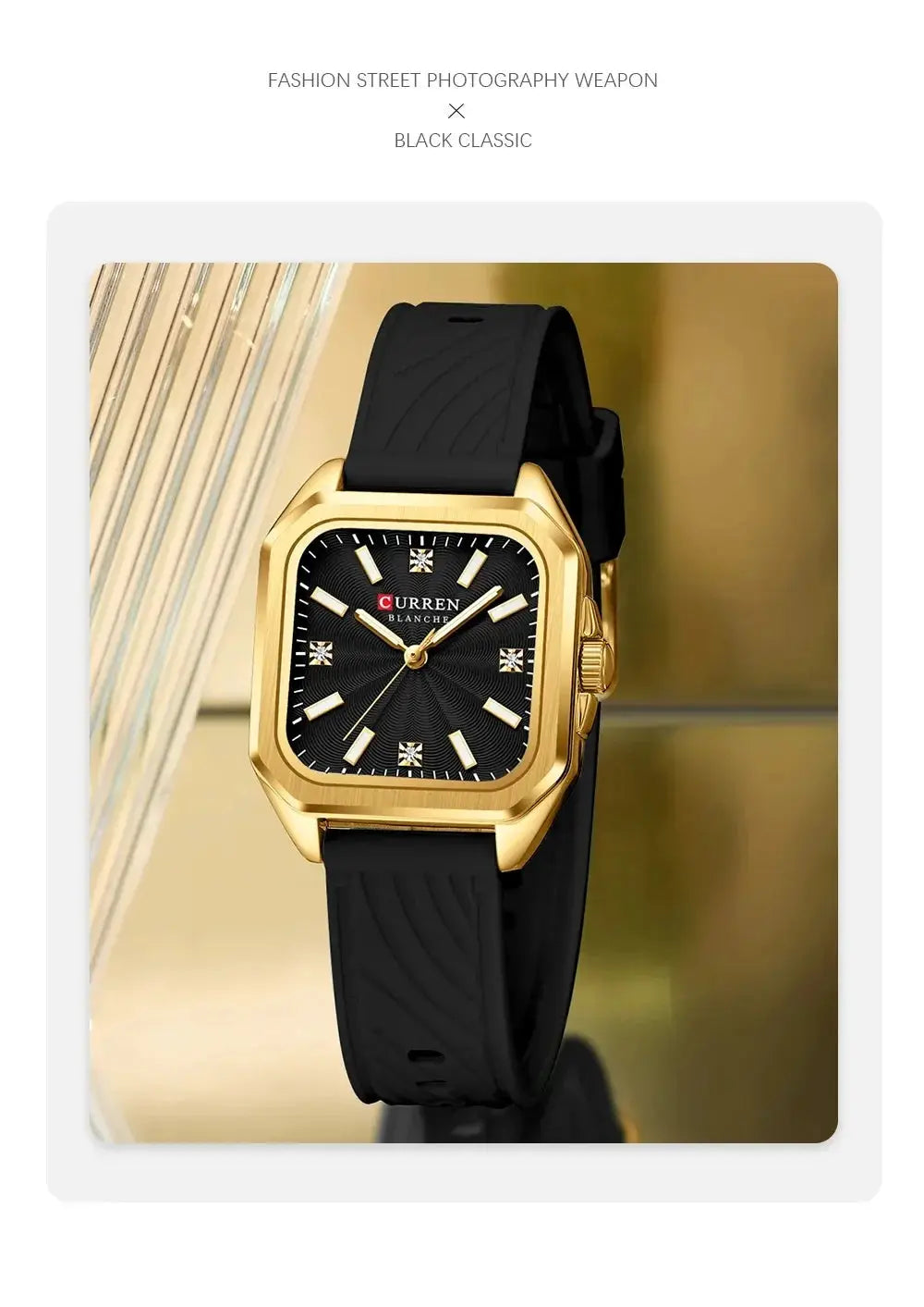 Curren 9113 ladies' quartz watch with gold-tone square case, black silicone strap, diamond-style markers