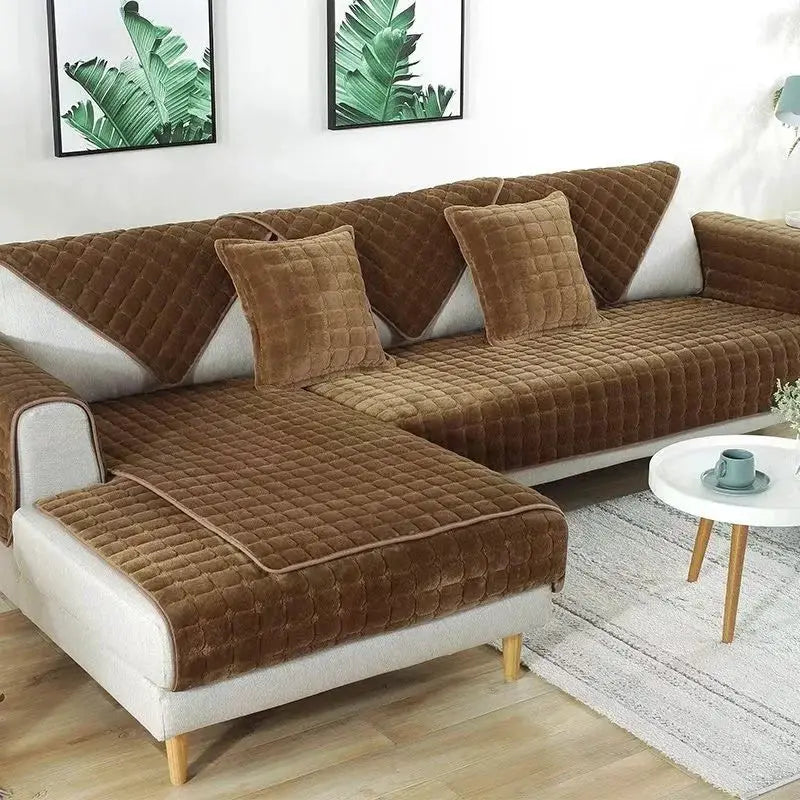 Velvet sofa cover for L-shaped sectional, brown plush plaid, non-slip thickened flannel