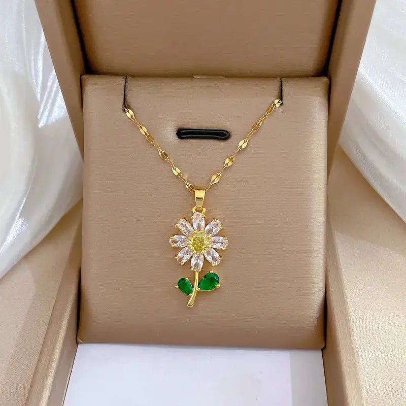 316L Stainless Steel Full Zirconia Flower Pendant Necklace For Women Clavicle Chain Jewelry Gift - Simples Market