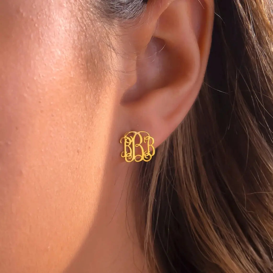 Bohemia Monogram Earrings; gold-tone stainless steel round monogram stud earrings for women