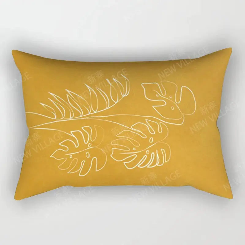 Nordic fall throw pillow cover in mustard yellow with white leaf outline pattern, Simples Market, 30x50
