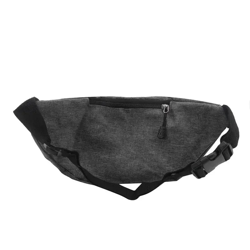 Waist bag by Simples Market, gray fabric with zip pocket and adjustable black strap, water-resistant