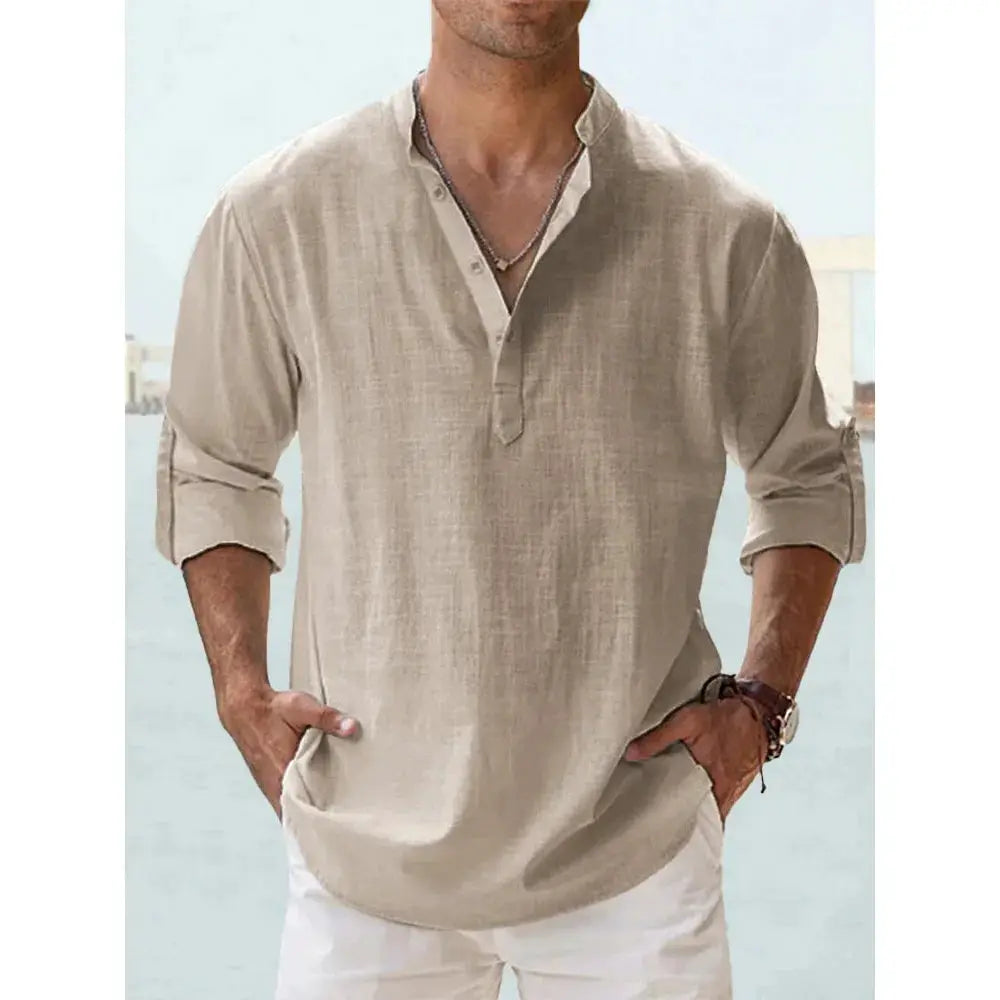 Men's Cotton Linen Blend Short Sleeve Henley Shirt For Summer Casual Beach Vacation