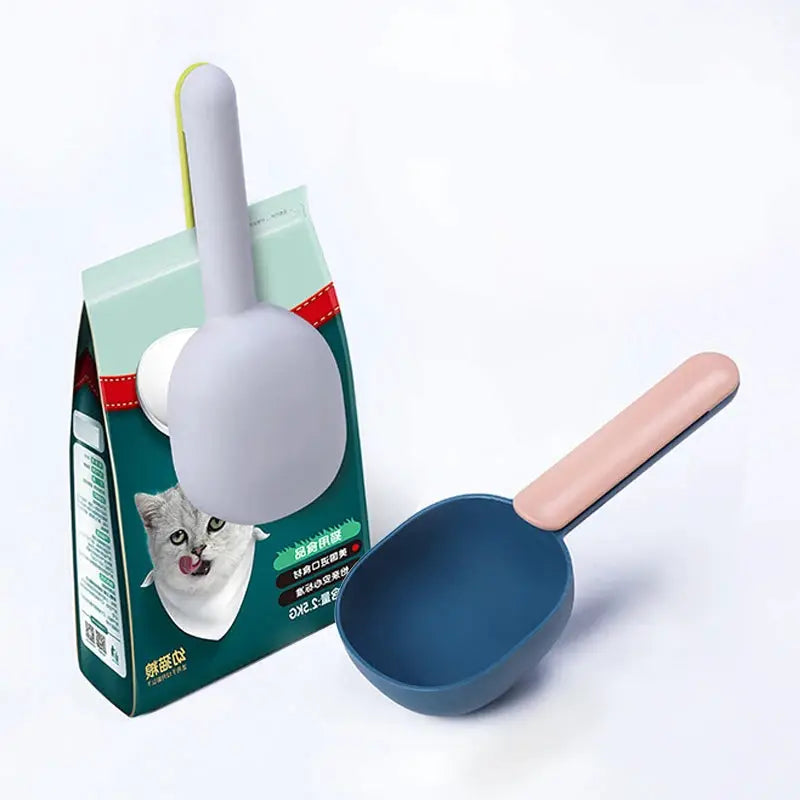 Multifunctional Dog And Cat Food Shovel Spoon With Measuring Cup Sealed Bag Clip Curved Ergonomic Design Easy To Clean