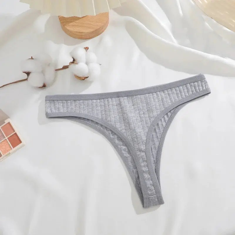 G-string thong underwear, grey ribbed cotton, low-rise women's lingerie