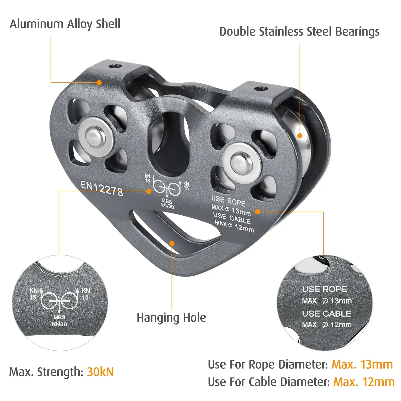 Lixada 30kN cable trolley pulley with aluminum alloy shell and double stainless steel bearings