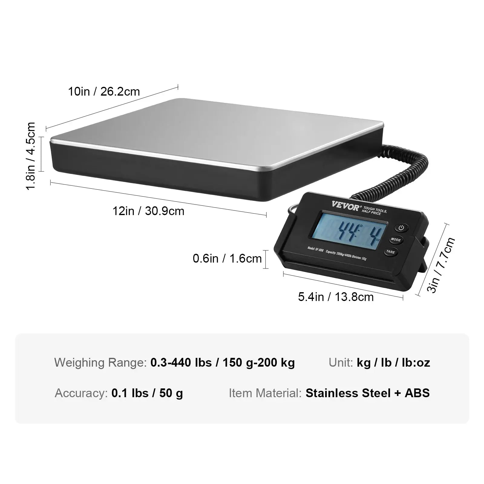 Digital shipping scale by VEVOR with timer tare, HD LCD display, stainless steel platform, 440 lb capacity