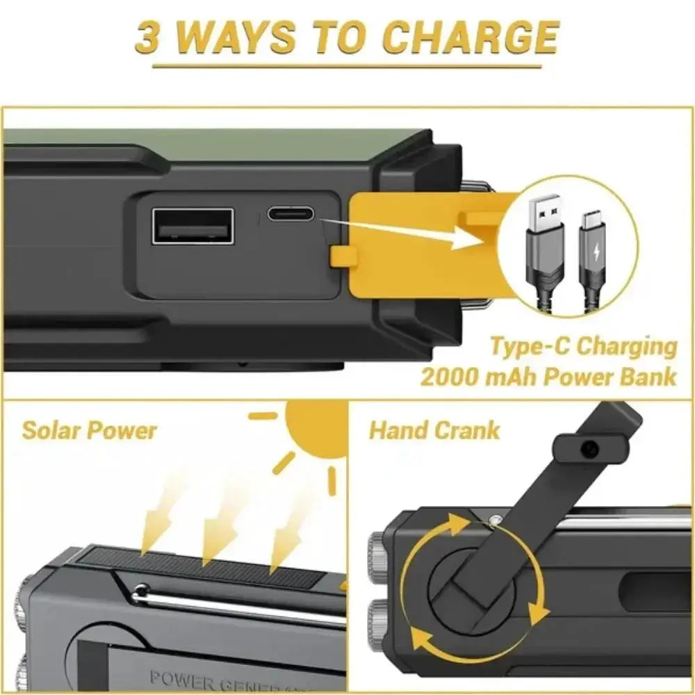 PulseGuard Solar Crank Emergency Radio With LED Flashlight NOAA Weather Updates 2000mAh Battery USB Charging