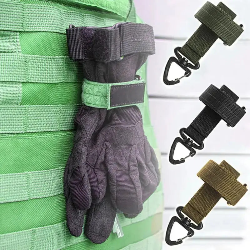 Multi-purpose black nylon gloves with safety clips and carabiner clips for outdoor use