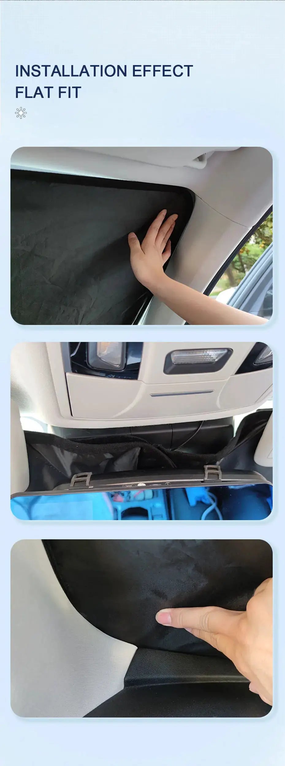 Car windshield sun shade cover, black fabric, flat-fit design, three-step installation demonstration.