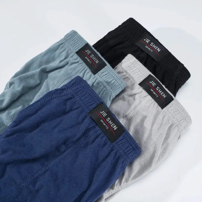4-pair set of men's 100% cotton briefs in blue, teal, gray, and black by JIE SHEN Sports