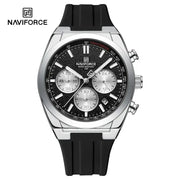 NAVIFORCE 8080 men's chronograph watch with black dial, stainless steel case, black rubber strap, water resistant 30m