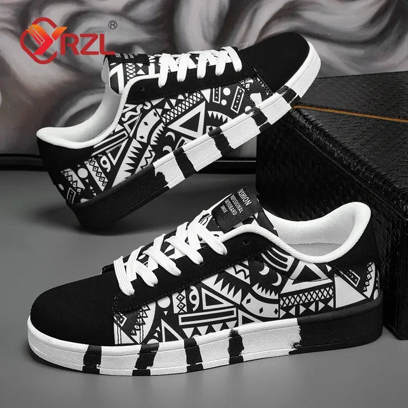 YRZL Men Canvas Sports Running Shoes Geometric Graffiti Print Lace Up Sneakers For Couples