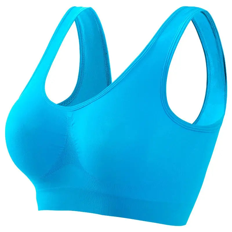 Blue seamless wireless tank bra bralette with wide straps, cropped fit, no pads