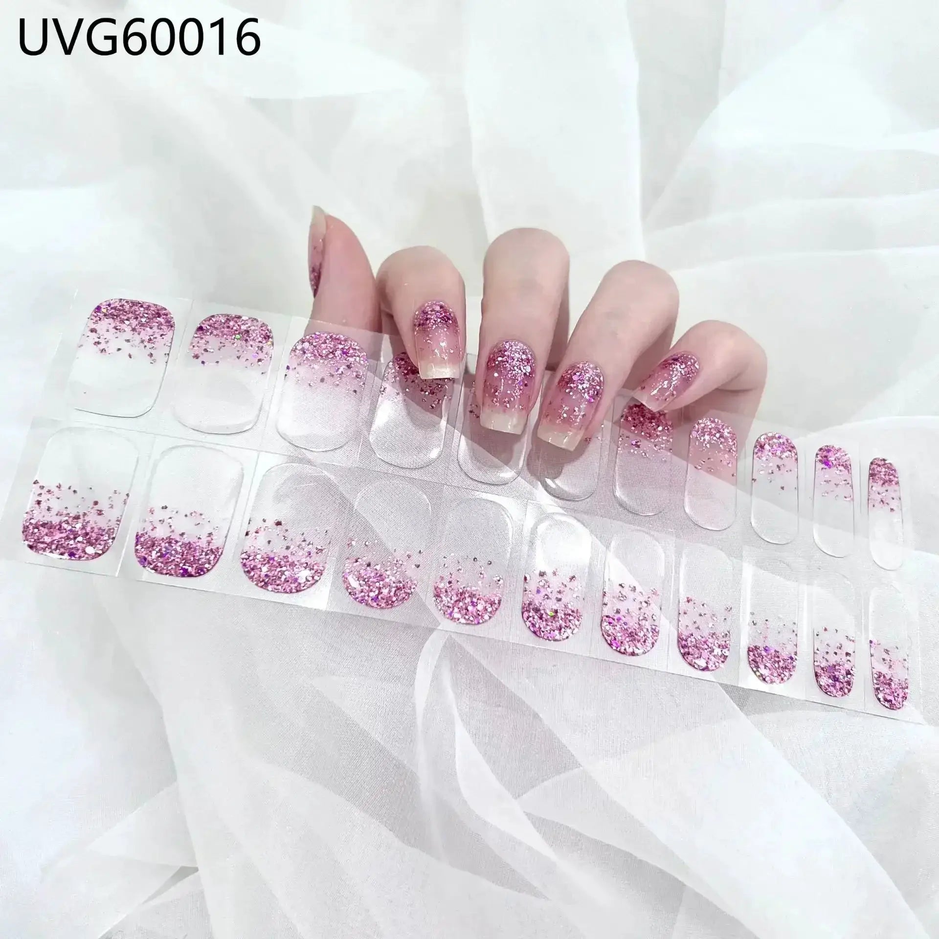 Gel nail wraps set by Simples Market, pink glitter gradient full-coverage, 16/20/22 tips, UV lamp ready