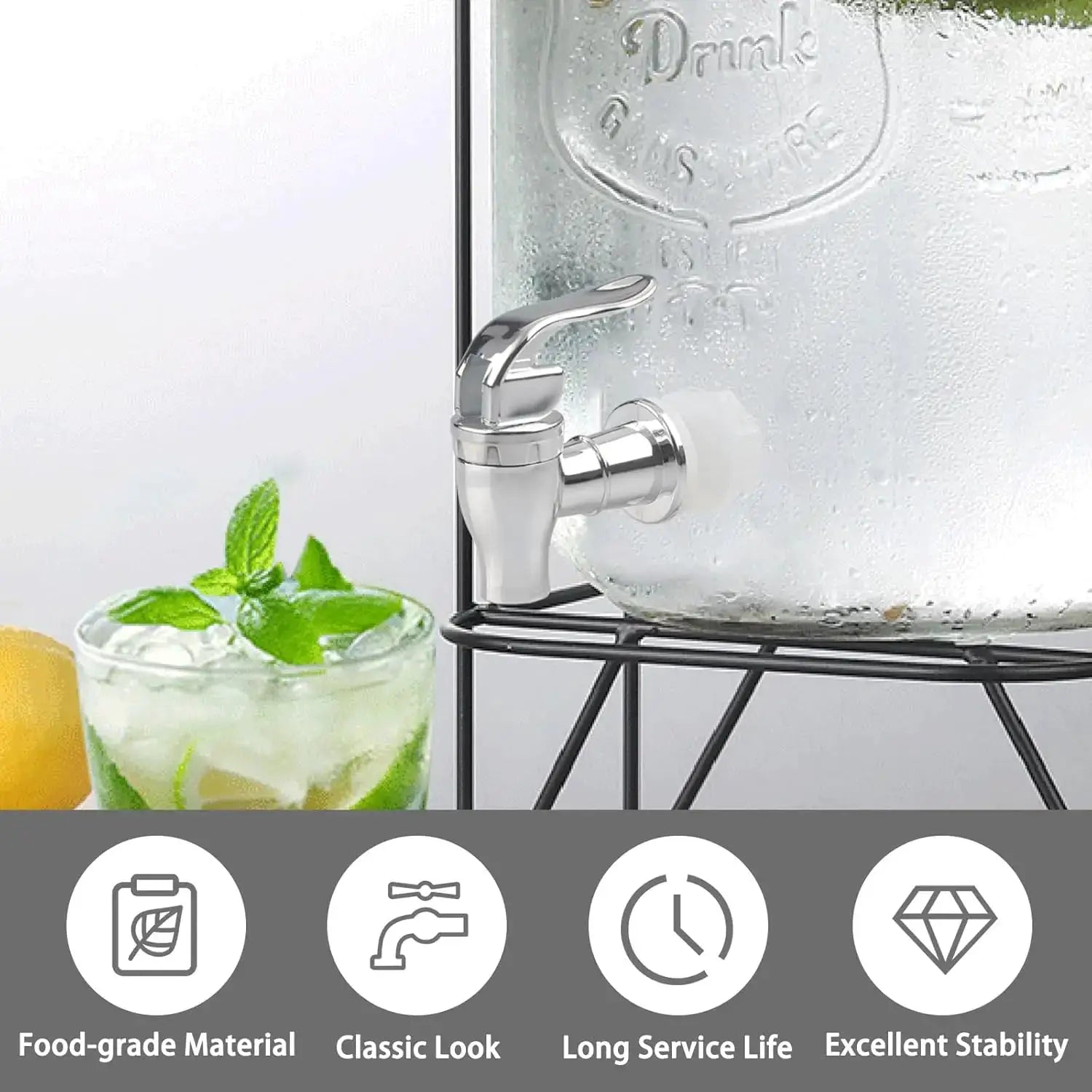 Food-grade electroplated plastic beverage faucet mounted on a glass juice dispenser with chrome finish