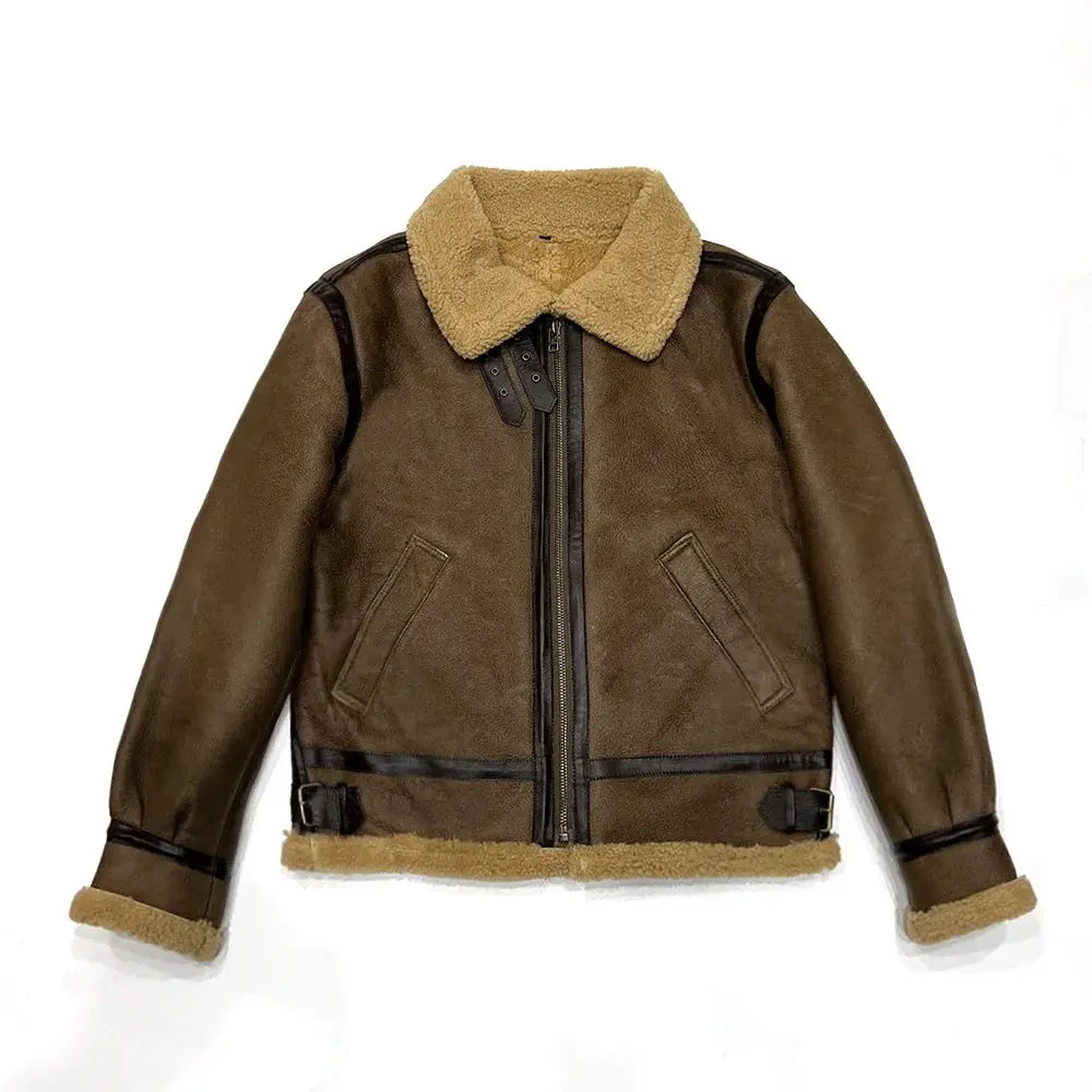 Shearling leather bomber jacket, brown with tan fleece collar and cuffs, Simples Market