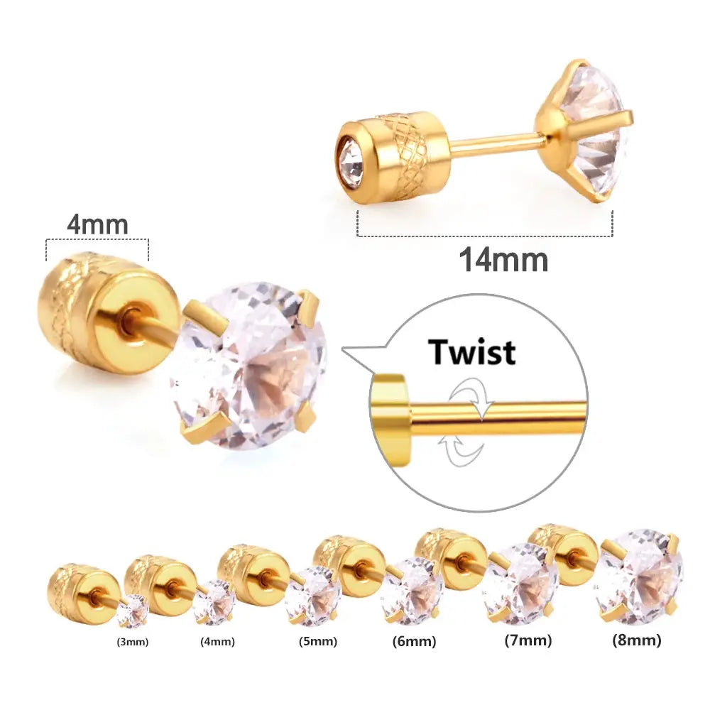 LUXUSTEEL crystal stud earrings in gold-tone stainless steel with 4-prong clear cubic zirconia, twist-back posts; sizes 3–8mm (2 pcs)