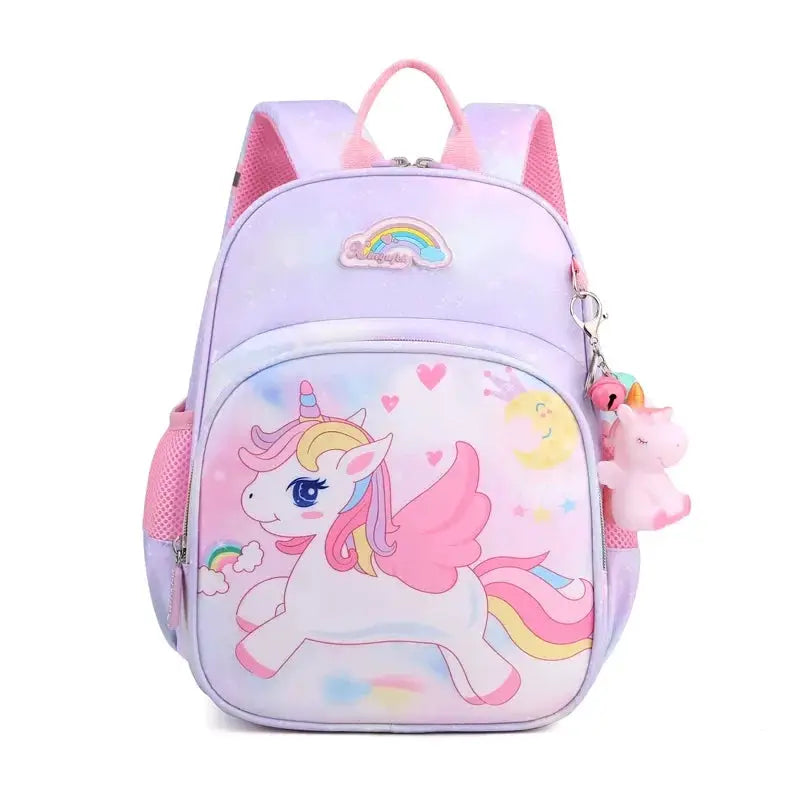 Unicorn backpack for girls, pastel purple with pink straps and a front unicorn illustration