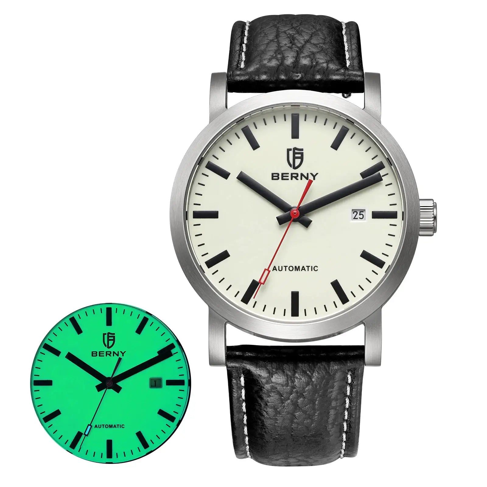 BERNY automatic wristwatch for men; cream dial, stainless steel case, black leather strap; two watches shown (green luminous variant)
