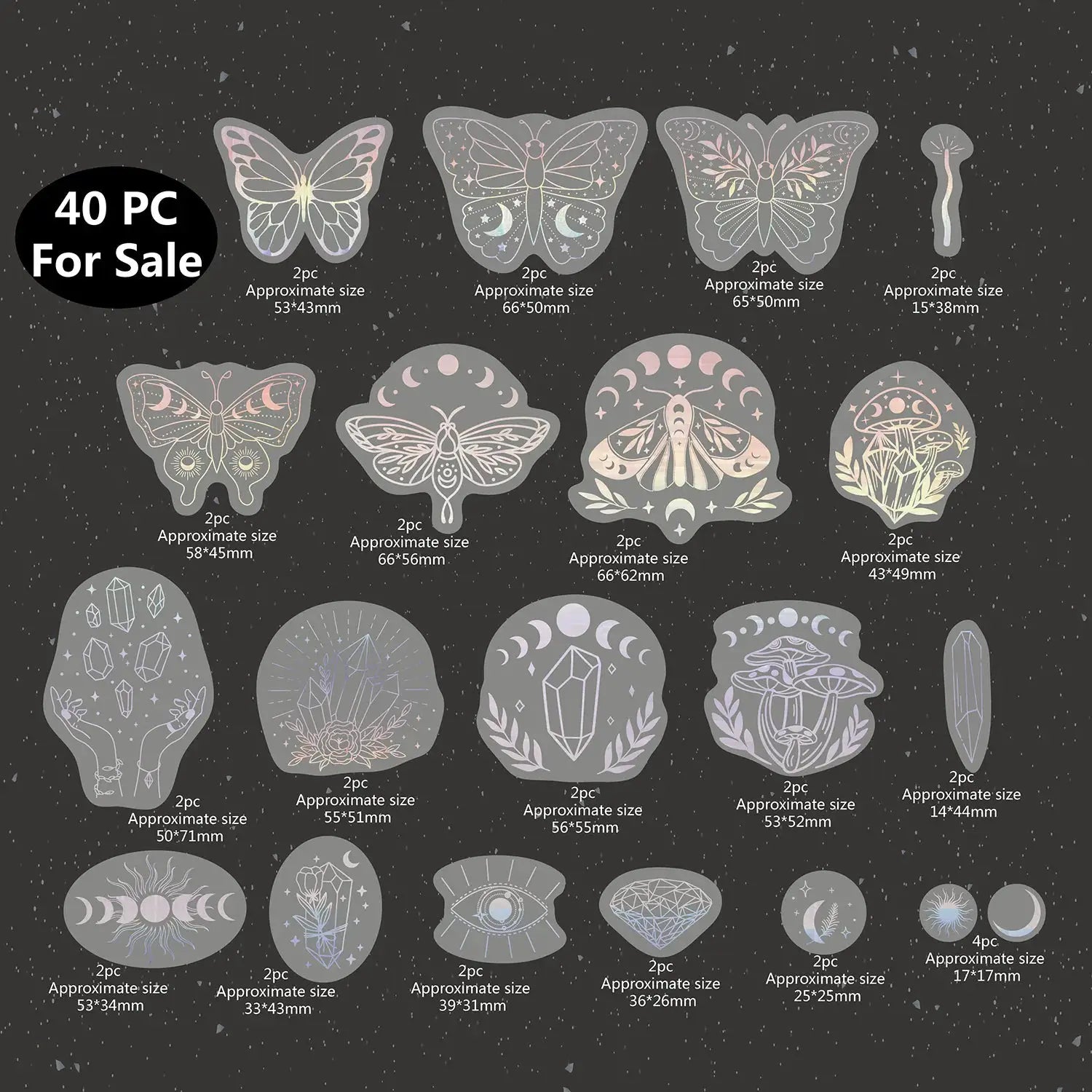40 Pcs Holographic Glitter Stickers PET Transparent Waterproof Decorative Decals For Water Bottles Laptops Scrapbooking