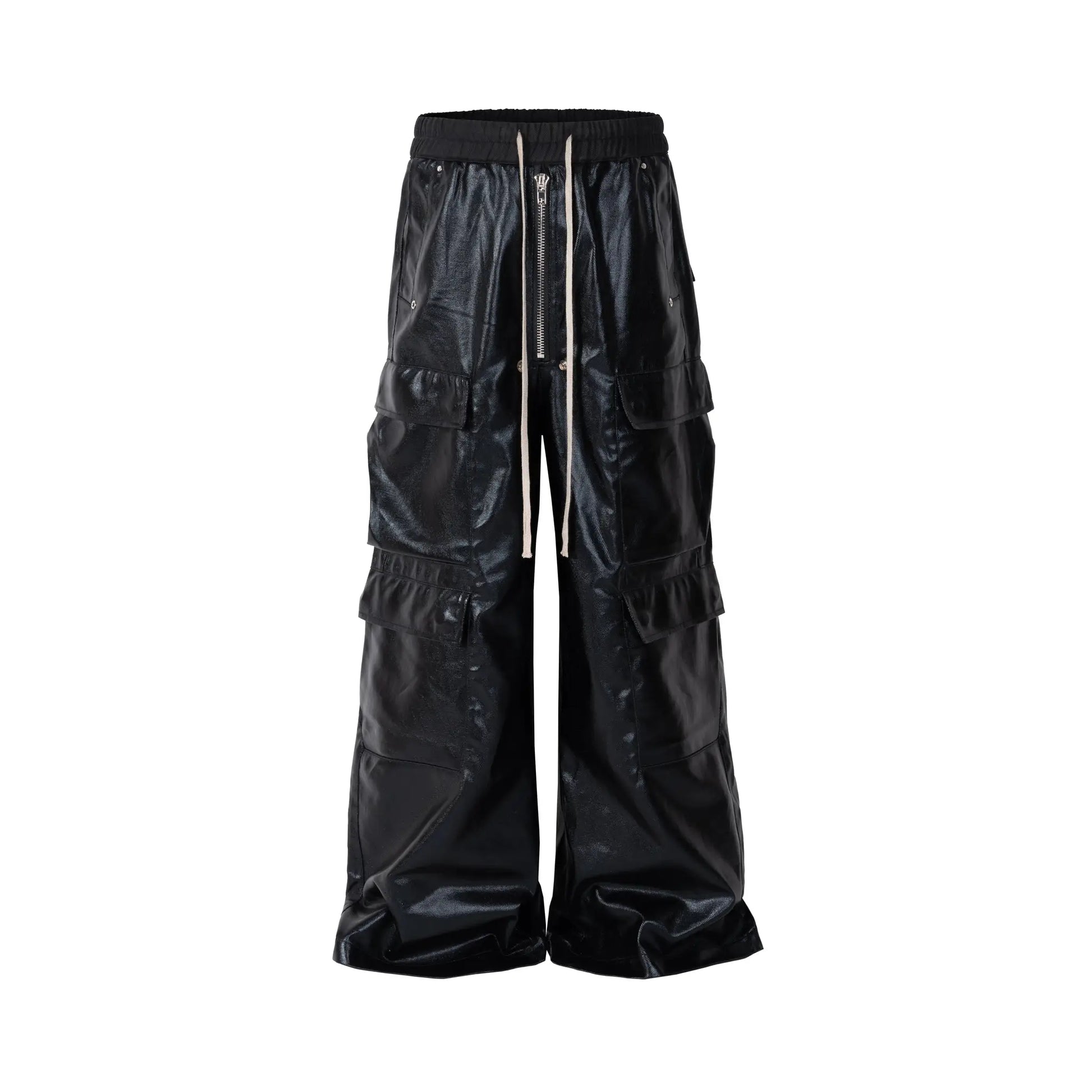 Owen Seak men's black cargo pants by Simples Market; loose Gothic style with elastic drawstring waist and front zipper.
