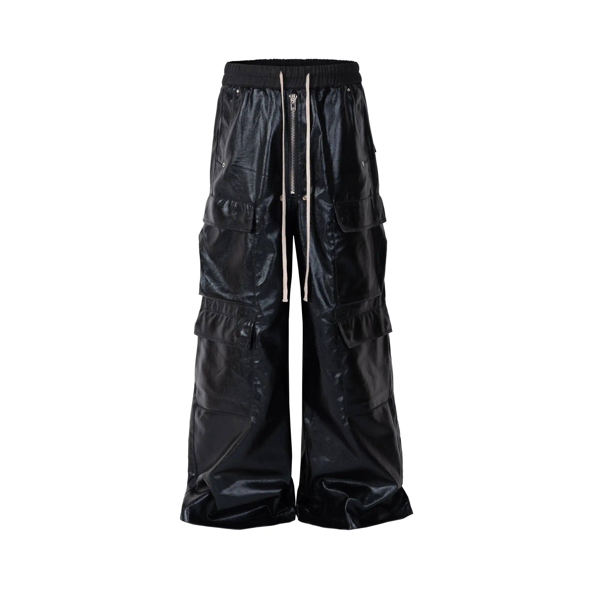 Owen Seak men's black cargo pants by Simples Market; loose Gothic style with elastic drawstring waist and front zipper.