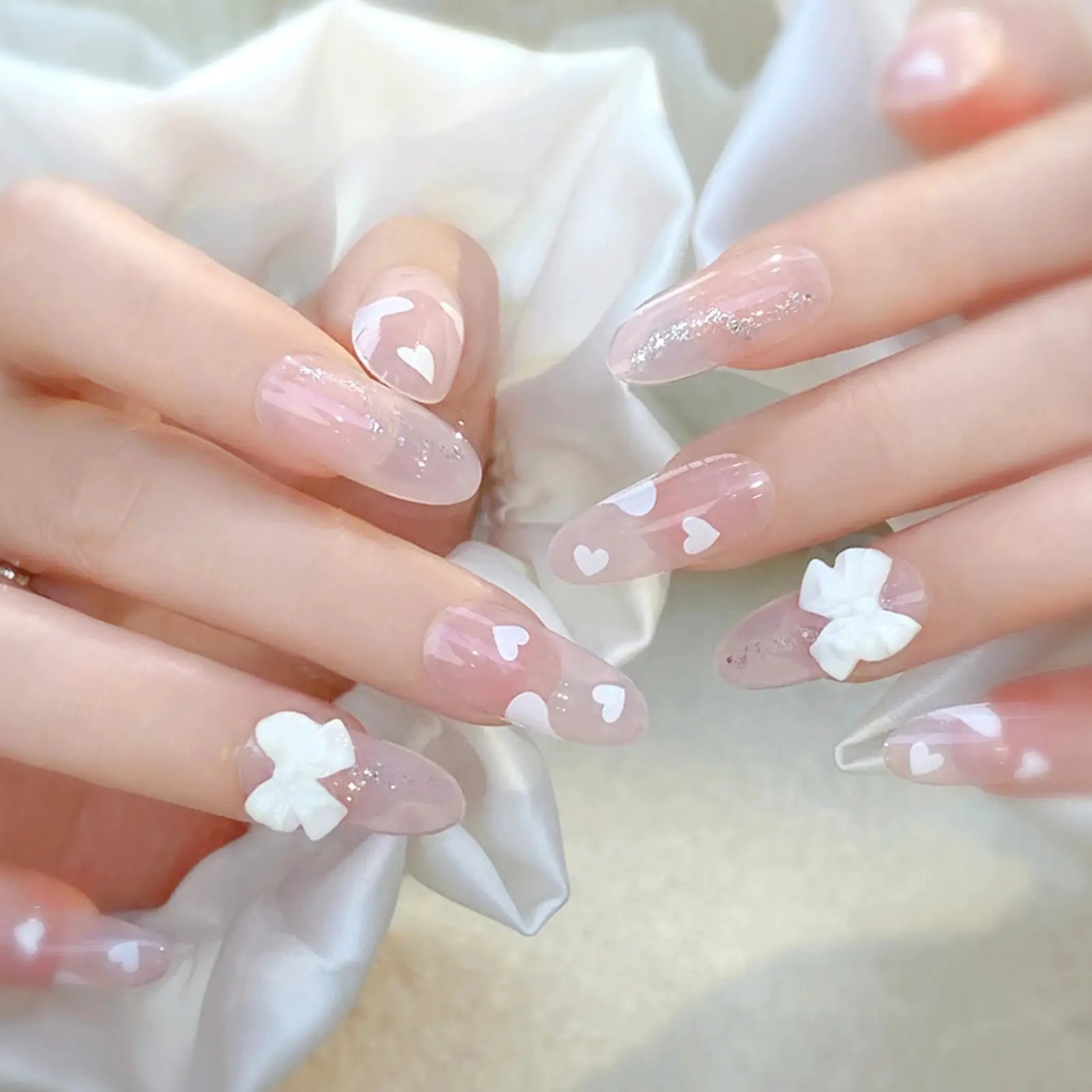 LuxeNail Blush Pink False Nails Bowknot Diamond Pearl Design Press On Nail Tips Harmless Smooth Edge Safe DIY Mani
