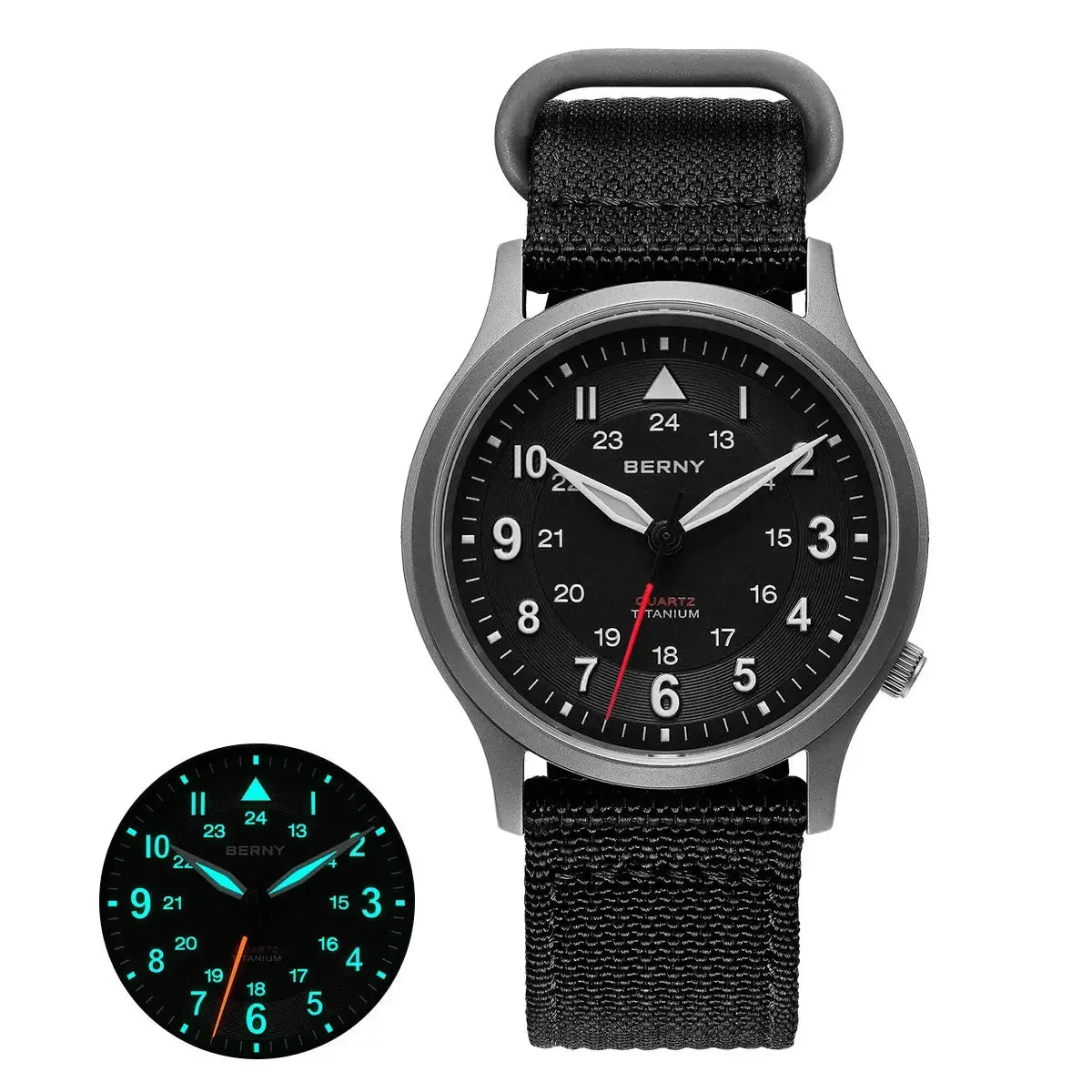 BERNY men's titanium field watch with black dial and black fabric strap, luminous hands