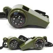 3in1 outdoor emergency whistle with compass and thermometer, olive green with black cord by Simples Market